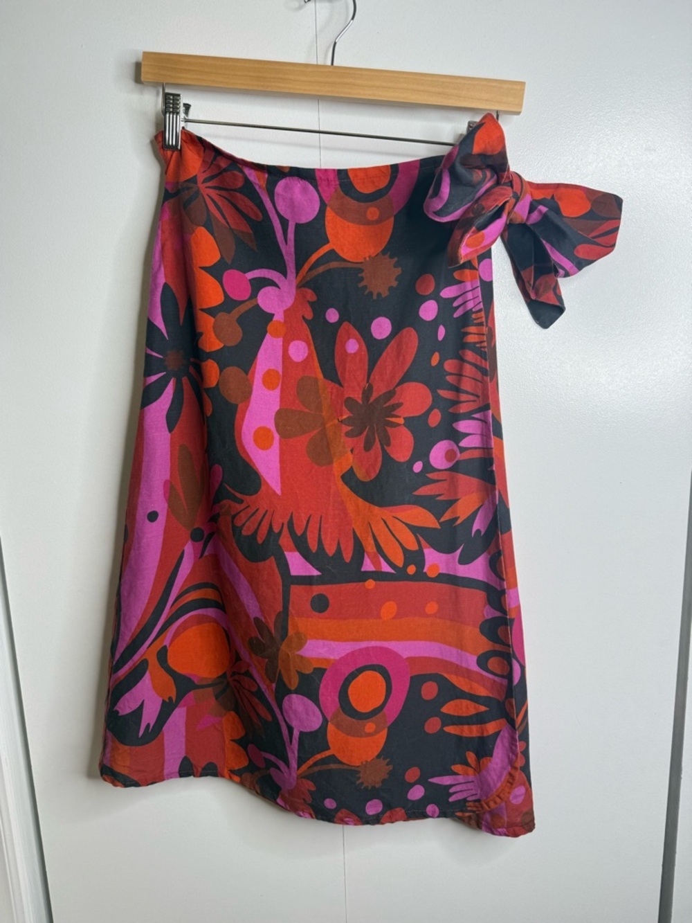 Lesley Evers Colorful Floral Red Orange Tencel Linen Wrap Knee Length Skirt S - Picture 2 of 8